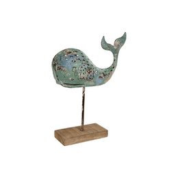  Decorative whale-shaped candle holder made of distressed green metal with a rustic, vintage-inspired design. Features a curved body and tail shape.