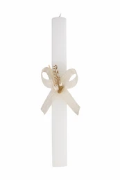 White tall pillar candle with ecru bow, dried flowers, and delicate ribbon decoration for christening ceremonies.