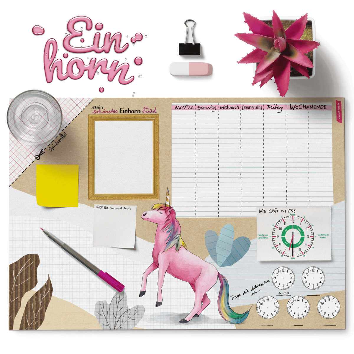 Schreibtischunterlage Einhorn – Uhrzeit lernen & Wochenplaner
