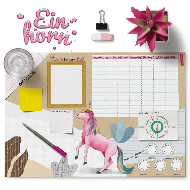 Schreibtischunterlage Einhorn – Uhrzeit lernen & Wochenplaner