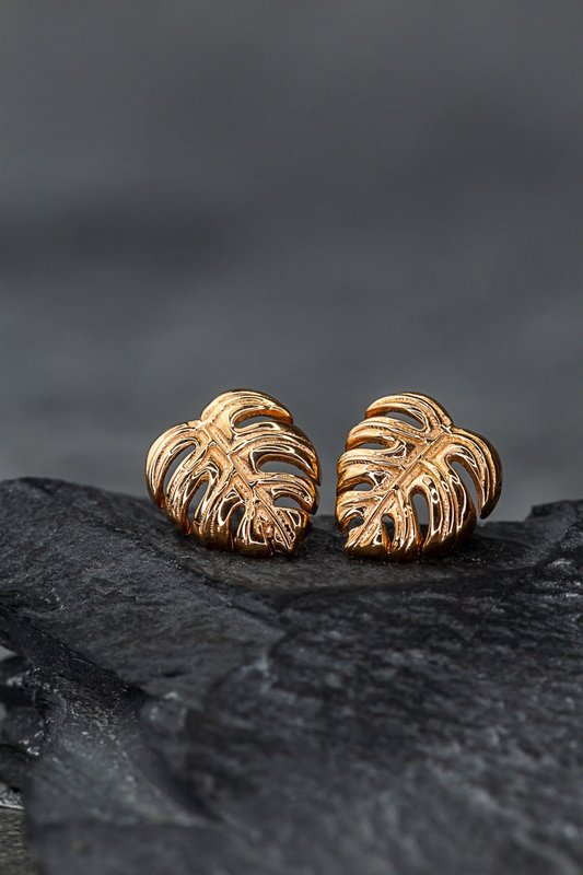 Monstera Leaf Stud Øreringe - 925 Sterling Rose Guldbelagt - Eksotiske blade smykker - OHR925-89