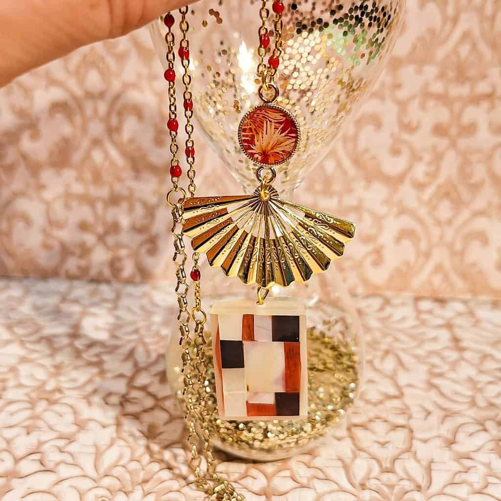 Collier Sautoir Eventail Nacre Feuille Palmier Papillon Bijou acier inoxydable Fête des mères Cadeau Maman