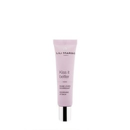 Nourishing lip balm in 15g size, with a pink tube and a woman applying it to her lips.