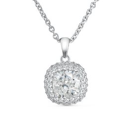 A round, sparkling charm pendant with a cluster of small diamonds set in a silver-toned metal.