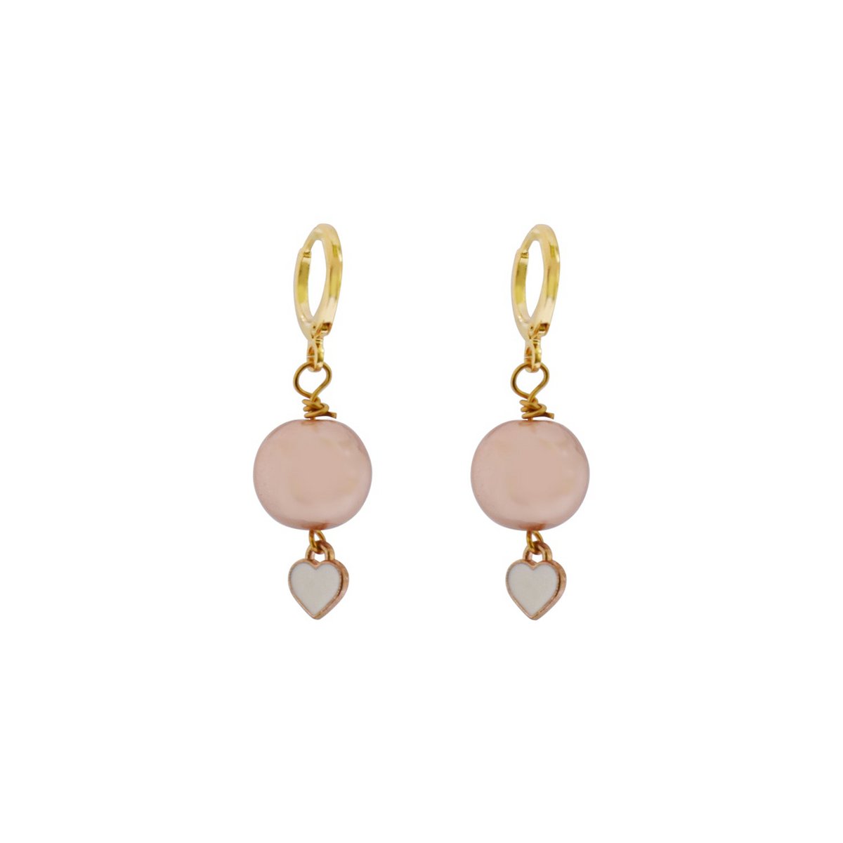 Pendientes Huggie corazón blanco, Pendientes perla, Pendientes rosa y blanco | por lovebynlanla