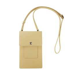 A beige cross-body bag with a rectangular shape, a front pocket, and a detachable strap.
