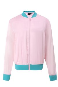 EU STOCK Betty Blush Pink Satin Bomber Jacket with Aqua Trim
