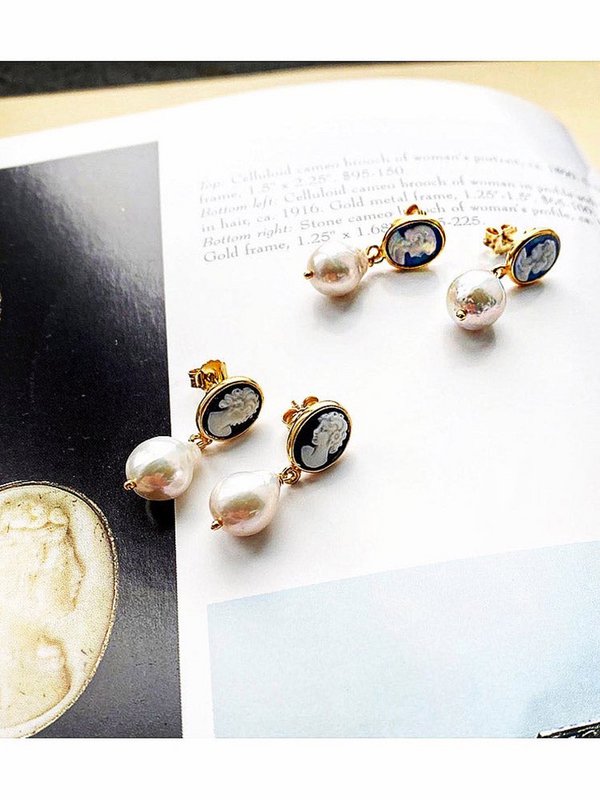 Black Mini Cameo And Pearl Earrings