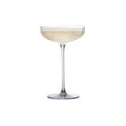  A set of 2 clear glass coupe cocktail glasses with a tall, slender stem and a wide, shallow bowl.