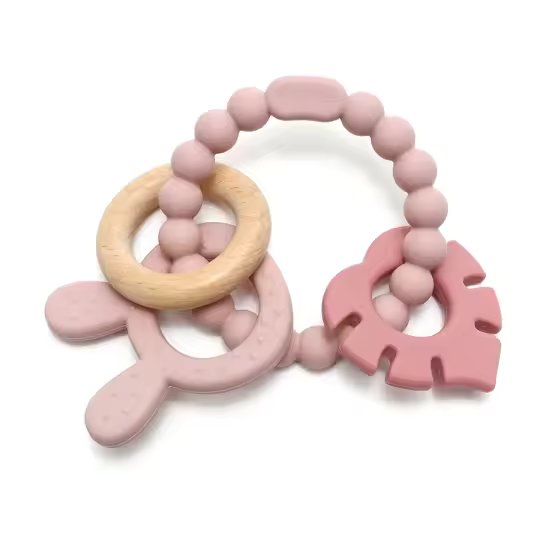 Weich & hart | Bunny & Blatt Rassel Holz & Silikon Teether | Erröten & Rose