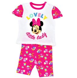 "2 pcs. Disney Minnie Mouse Summer Set for Girls, Dark Pink. This set includes a white t-shirt with a Minnie Mouse graphic and the text 'Lovely little lady', paired with pink floral print shorts. The t-shirt has short sleeves and the shorts have an elastic waistband. The colors are dark pink and white."