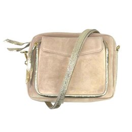 Beige suede leather shoulder bag with front pocket and adjustable strap.
