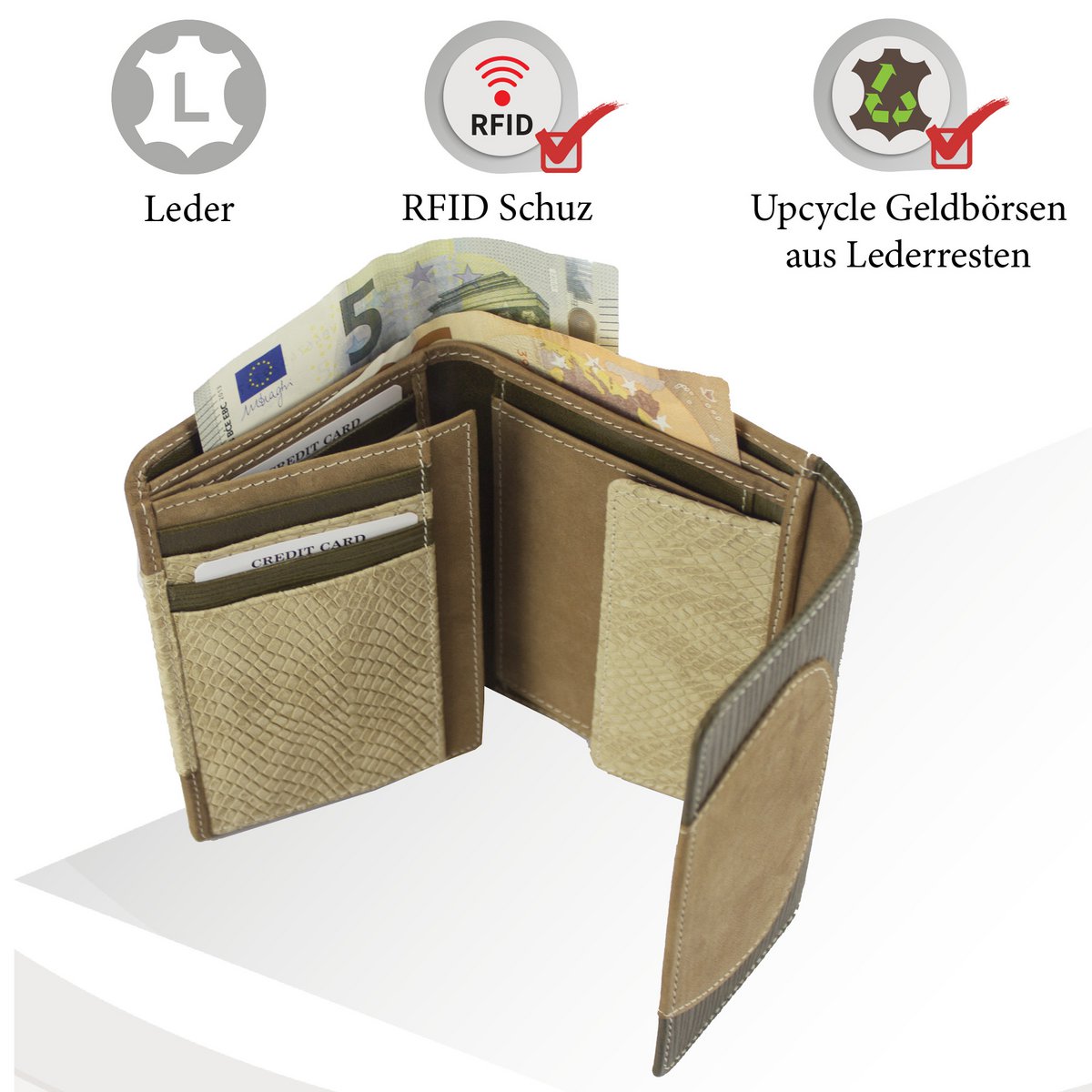 Sunsa damesportemonnee. Leren portemonnee. Portemonnee met RFID-bescherming. Portemonnee gemaakt van overgebleven leer. middelgrote portemonnee voor dames met veel creditcardvakjes - portemonnee voor dames, cadeau-idee