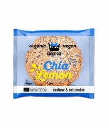 Organic vegan cashew and oat cookie, round shape, yellow and blue packaging with cat graphic.