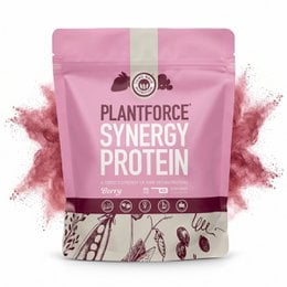 Pink protein powder pouch, plant-based synergy blend, berry flavor, resealable bag.