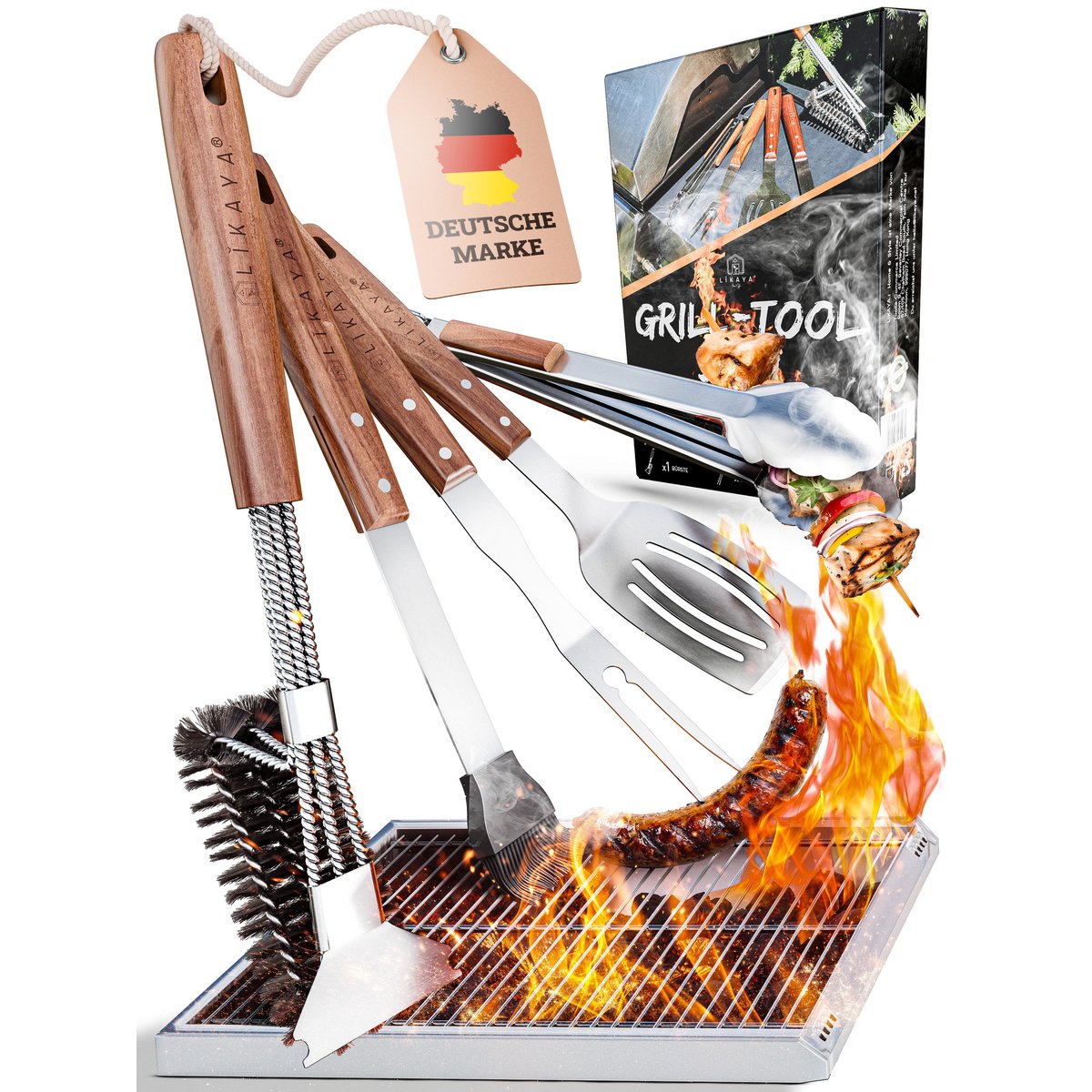 Ensemble de couteaux de grill premium en acier inoxydable avec poignée en bois Acacia