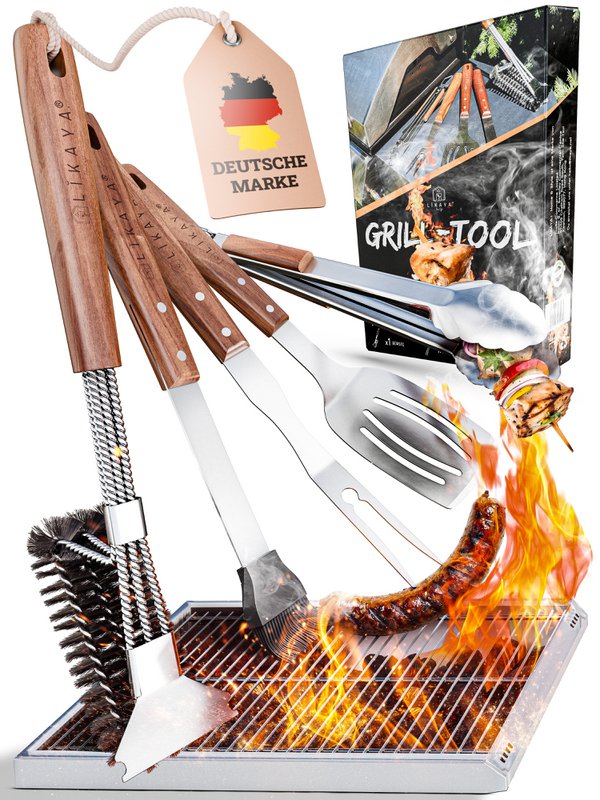 Premium grill cutlet set made of stainless steel with acacia wood handle