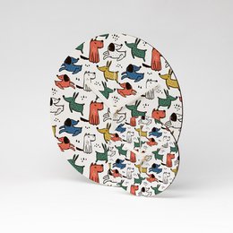 Round, white wall clock with a diameter of 13cm, featuring a colorful pattern of various cat silhouettes.