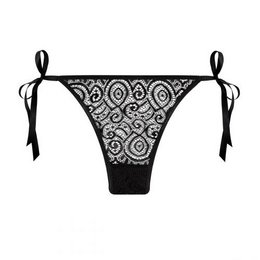 Black lace thong with tie sides, featuring an intricate floral pattern design.