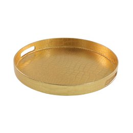 Gold round tray, snake texture pattern, plastic material, decorative serving dish.
