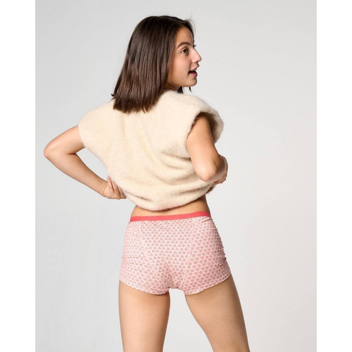 Menstruationshose Boyshort Mädchen – starke Absorption (schwarz, rosa Aufdruck)