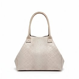 Beige leather tote bag with textured snake-skin pattern and dual handles.