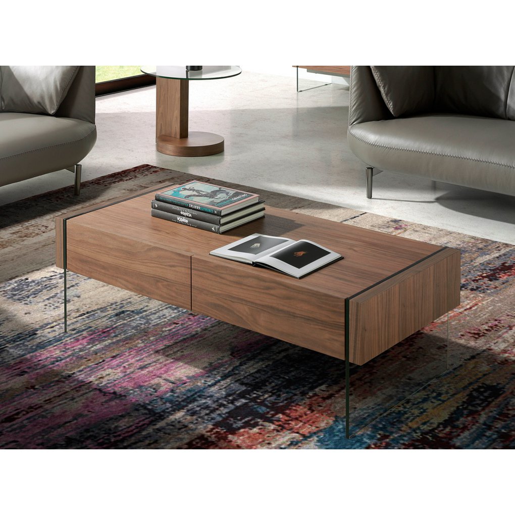 Walnut wood coffee table and tempered glass