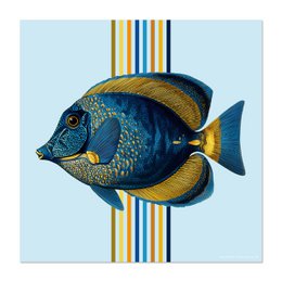  Blue and gold tropical fish design, glass coaster, striped pattern, decorative ocean theme.