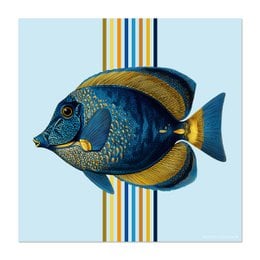 Blue and gold tropical fish design, glass coaster, striped pattern, decorative ocean theme.