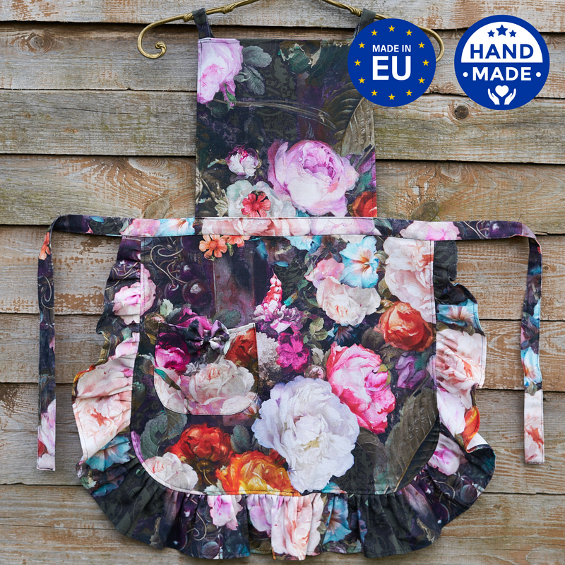 Delantal de mujer con volantes, 100% algodón, estampado | francine negro