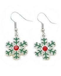 Elegant drop earrings featuring a sparkling snowflake design with green and red accents. The intricate metalwork and crystal-like details create a festive and eye-catching accessory perfect for the holiday season.