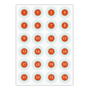 24 klassieke, gereduceerde adventsstickers met de cijfers 1 - 24 op turquoise, MATTE papieren stickers voor adventskalenders (ø 45 mm; 24 cijfers) kleur 2