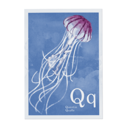 A large, white jellyfish with pink tentacles floating against a blue sky background. The letter 'Q' is prominently displayed in the image.