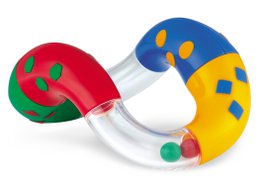 Colorful twisted rattle toy with shapes and textures for baby's sensory development.