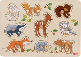 Puzzle featuring various woodland animals including a deer, fox, raccoon, and more. Vibrant colors and natural elements like leaves create an engaging puzzle design.