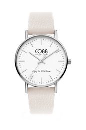 A 36mm light pink IP stainless steel watch with a white dial and a light pink leather strap.