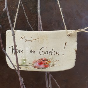 Set of 5 signs "I'm in the garden!" , frost-proof, ceramic, decoration, wall, unique, gift, various sizes approx. 12 x 5 to 15 x 10 cm