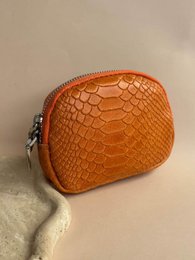 # Product Description

Orange crocodile textured leather coin purse, quilted mauve velvet pouch with gold zipper closure.