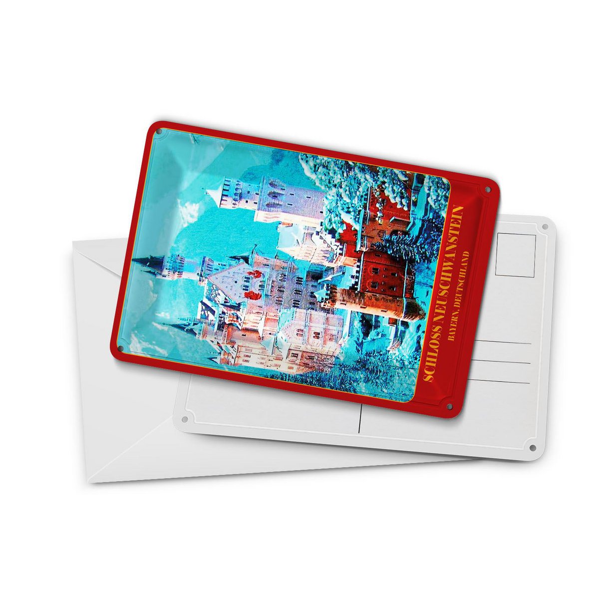 Tin postcard travel 10x14 cm Neuschwanstein Castle Bavaria Germany sign