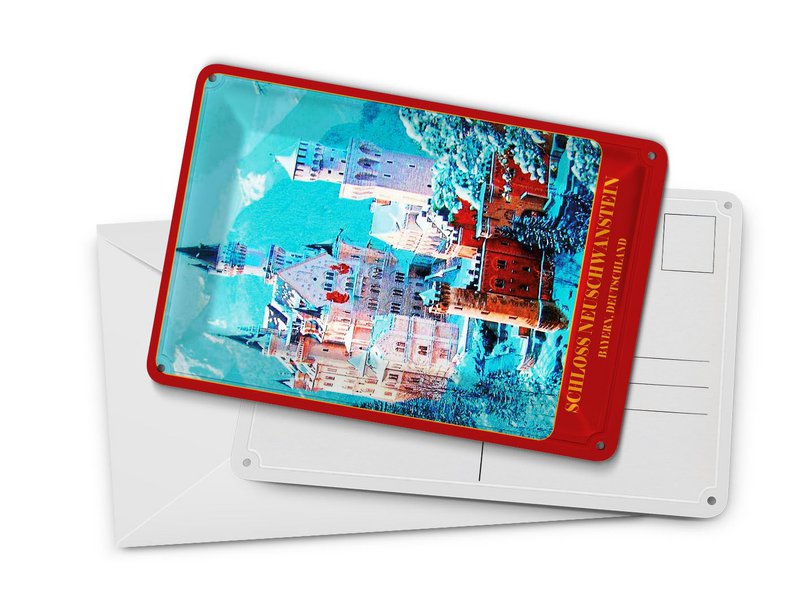 Pocztówka blaszana podróżna 10x14 cm Zamek Neuschwanstein, Bawaria, Niemcy, znak
