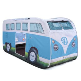 A blue and white Volkswagen VW T1 Bus-shaped kids play tent with a pop-up design, suitable for indoor or outdoor use.