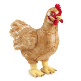  Plush chicken toy with realistic features including soft brown feathers, red comb, and yellow feet. Suitable for children as a cuddly companion.