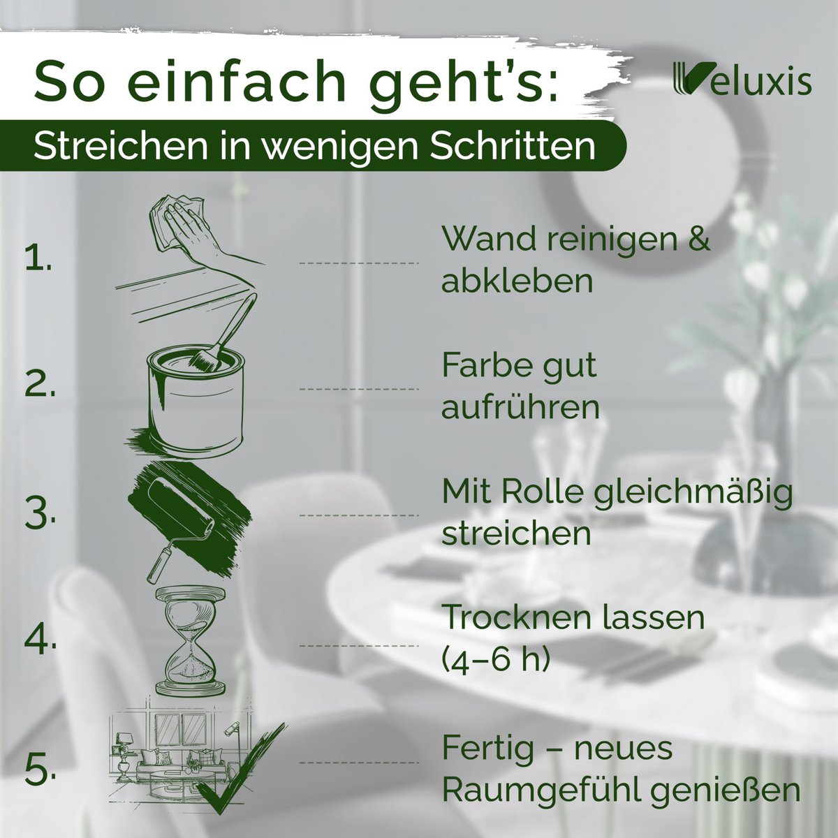 Veluxis® Wandfarbe Grau für den Innenraum - 5 Liter & Deckkraft-Klasse 1, Streifenfrei, tropfarm & Öko Farbe, VOC-frei - (Sesame Ice Cream)