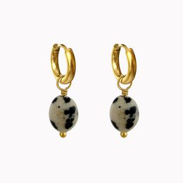 Gold-tone hoop earrings with dalmatian-patterned stone pendants. Stylish and versatile accessory.