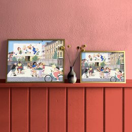 "Delicatessen" poster featuring a vibrant street scene with people, shops, and decorations. The poster is available in two sizes, 42 x 29.7 cm and 29.7 x 21 cm.