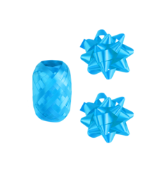  A set of baby blue ribbons and bows. The ribbons are a soft, light blue color and the bows have a shiny, glossy finish. The shape of the bows is round and decorative, suitable for gift wrapping or other craft projects.
