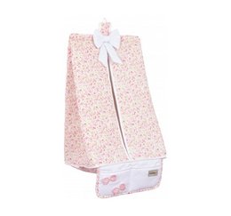 A pink floral diaper holder with a zipper closure and a bow detail. The diaper holder is designed to store and organize diapers and other baby essentials.