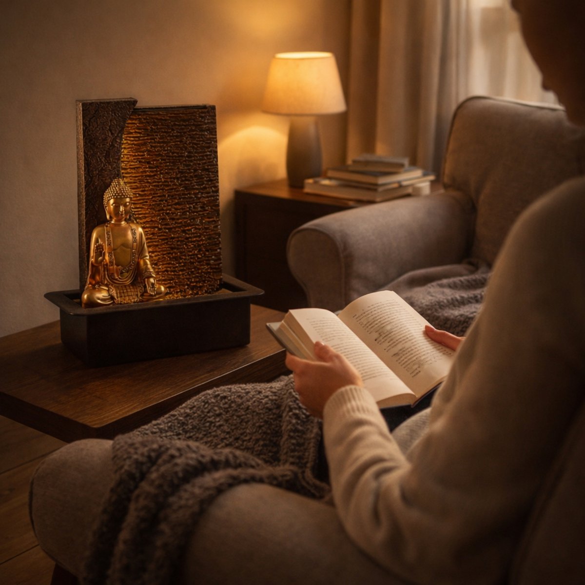 Zimmerbrunnen – Jati – abnehmbare Buddha-Statue – weißes LED-Licht – Zen und entspannende Atmosphäre – einfach zu bedienen