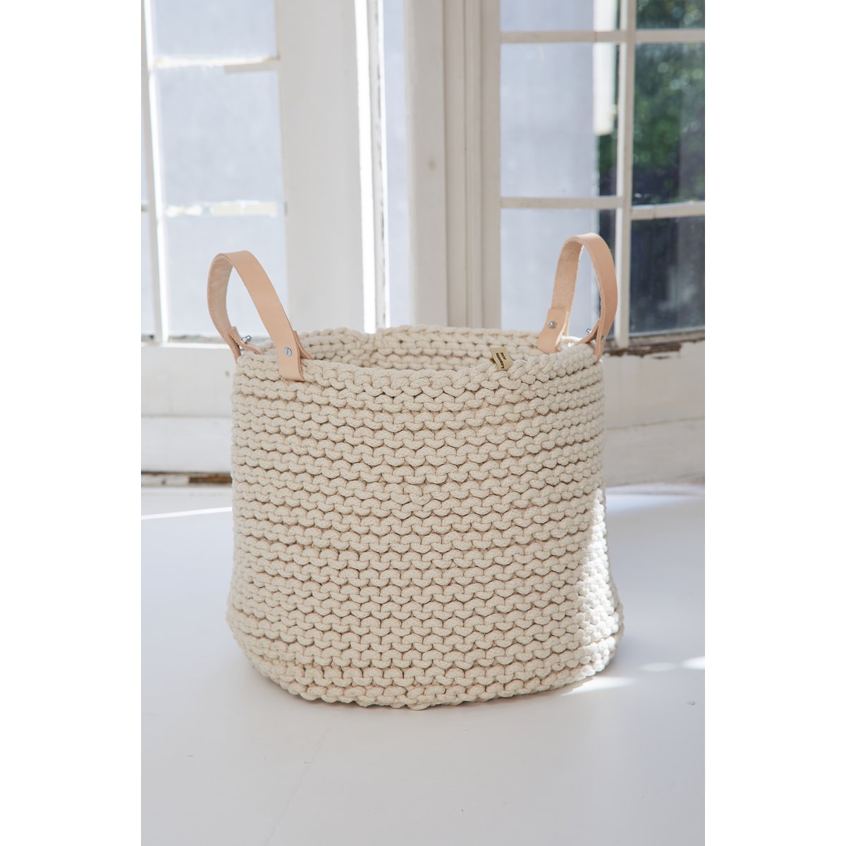 Paniers de rangement Wave en tricot grossier avec poignées en cuir