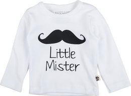 A white long-sleeved t-shirt with a black mustache graphic and the text "Little Mister" printed on it. The t-shirt is designed for babies and toddlers, with size options ranging from 50/56 to 86/92.